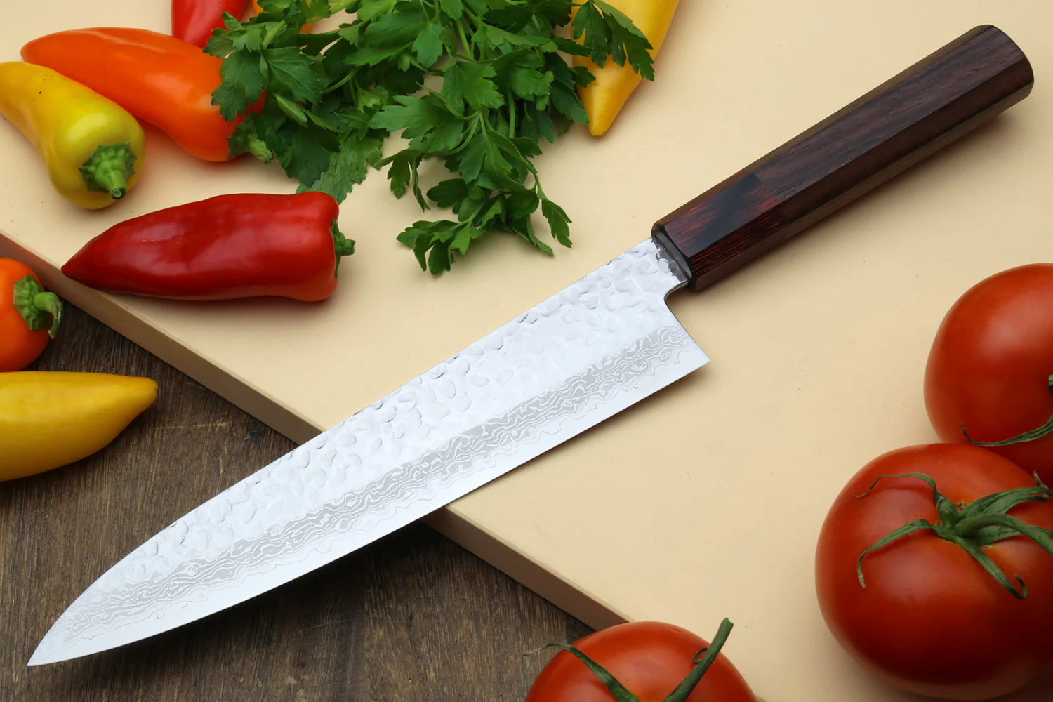 Yoshihiro VG-10 46 Layers Hammered Damascus Gyuto (210mm/240mm) Petty (150mm) Shitan Rosewood Handle Chefs Knife Set - Image 4