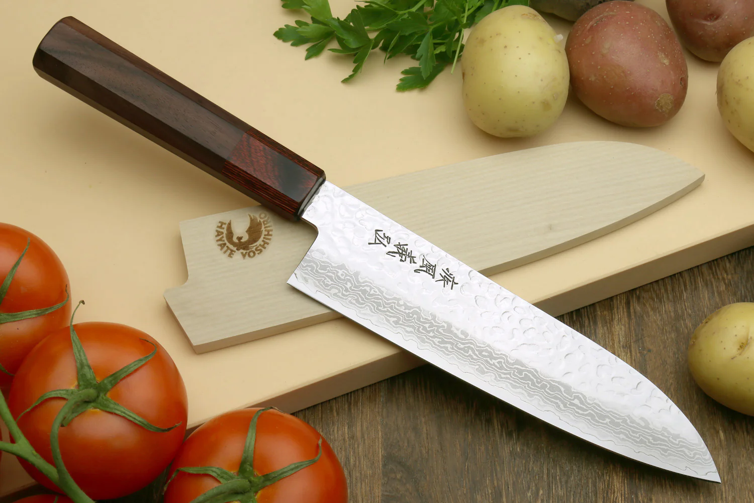 Yoshihiro VG-10 46 layers Hammered Damascus Santoku 7"(180mm) + Petty / Utility 6"(150mm) Chefs knife Set Rosewood Handle with Saya Cover - Image 2