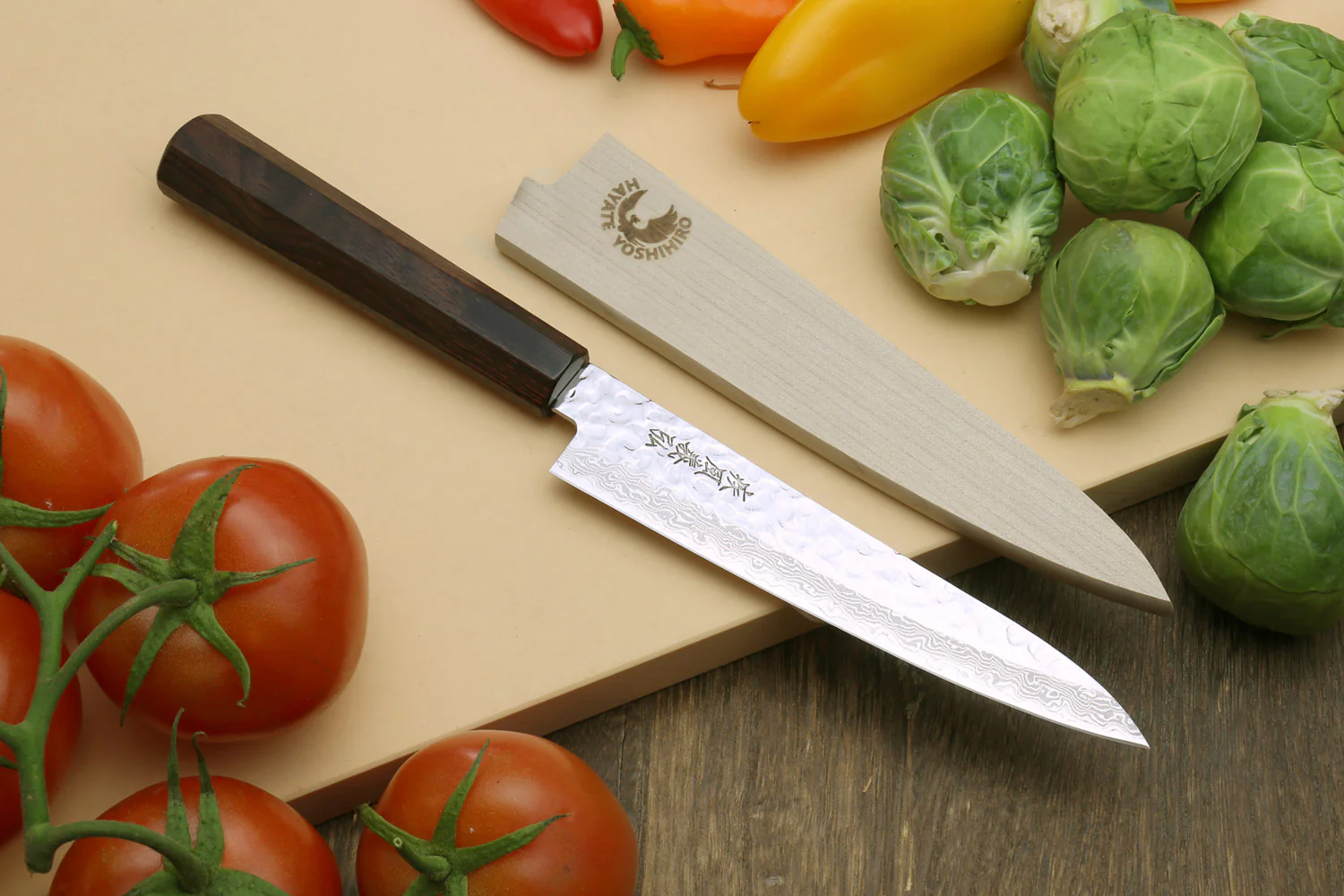 Yoshihiro VG-10 46 layers Hammered Damascus Santoku 7"(180mm) + Petty / Utility 6"(150mm) Chefs knife Set Rosewood Handle with Saya Cover - Image 3