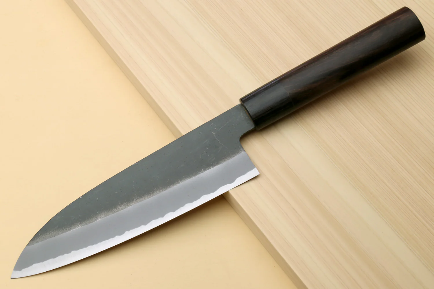 Yoshihiro Black Finish Blue Steel #2 Kurouchi Santoku Multipurpose Japanese Chef Knife (D-Shape Shitan Handle) - Image 3
