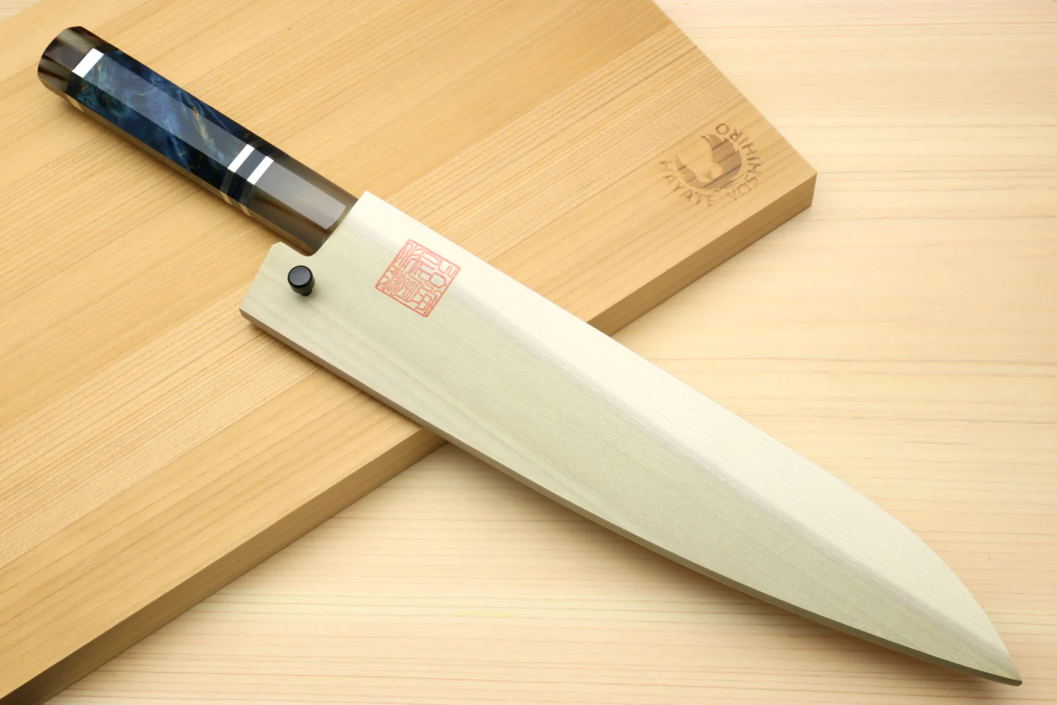 Yoshihiro Damascus SG2 (R2) Semi-Stainless Gyuto Chef Knife with Ocean Blue Handle (Blade Length 8.25" (210mm)) - Image 8