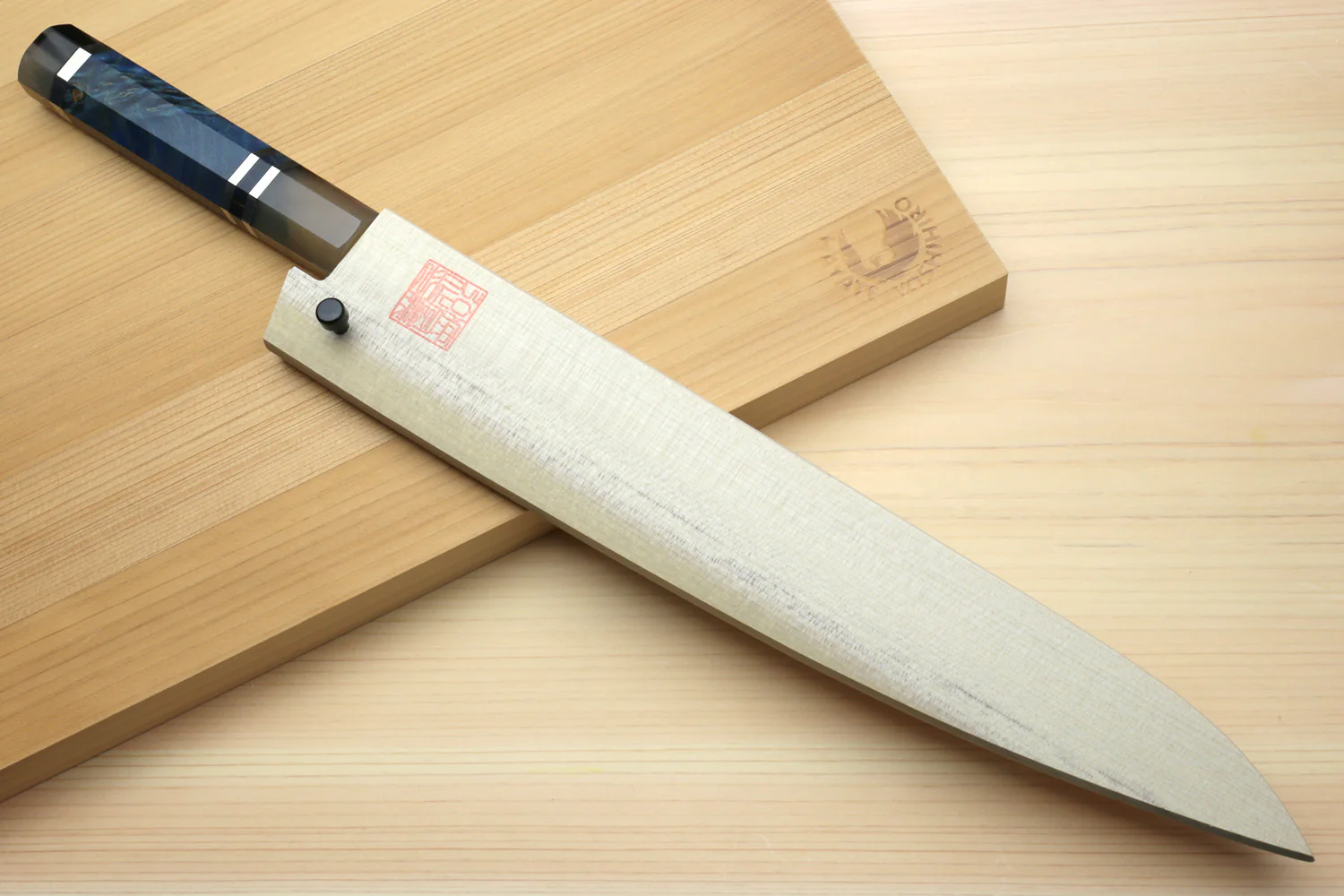 Yoshihiro Damascus SG2 (R2) Semi-Stainless Utility-Kiritsuke Chef Knife with Ocean Blue Handle (Blade Length 9.5" (240mm)) - Image 8