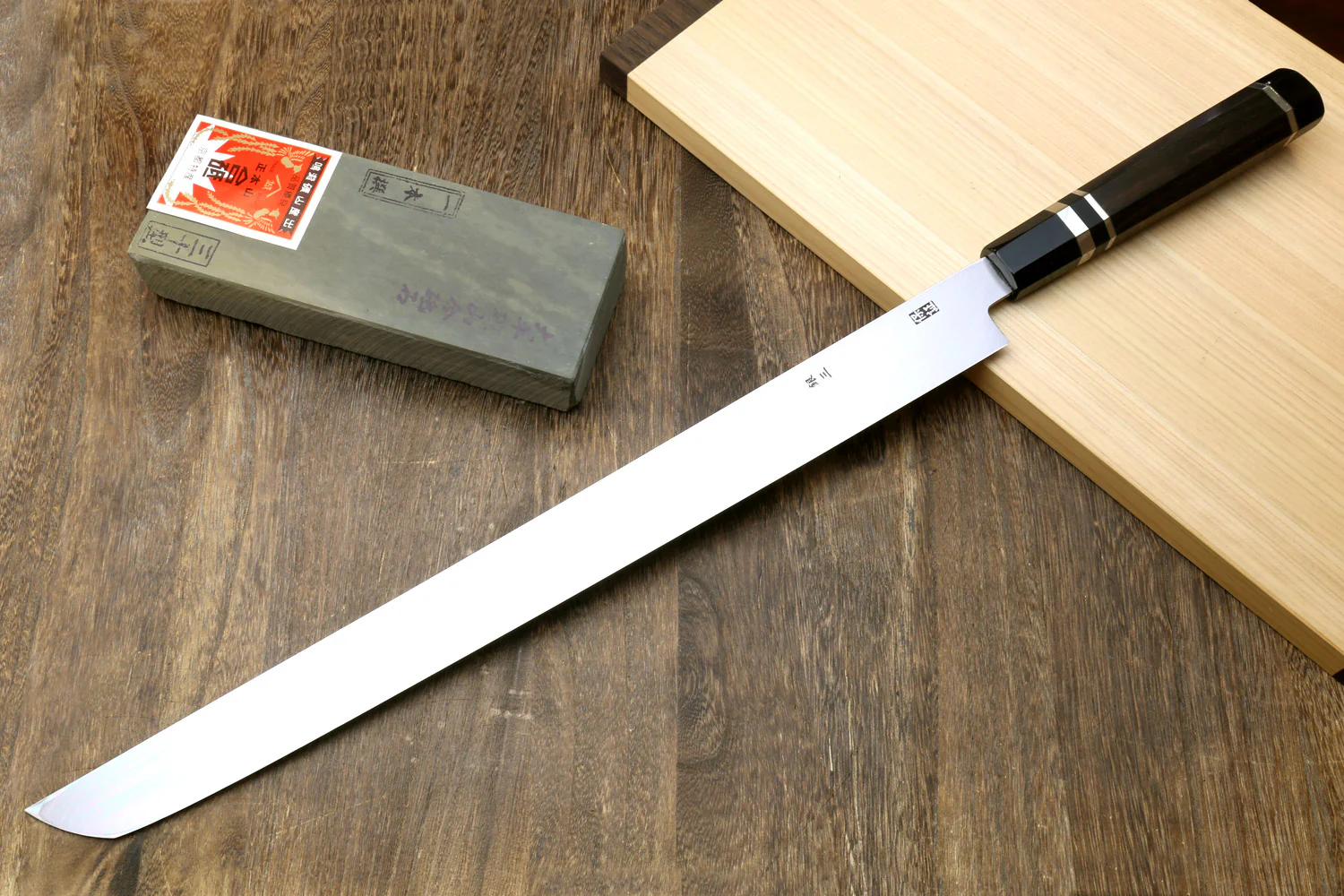Yoshihiro Ginsan Mirror Polished Stain Resistant Steel Maguro Bocho Tuna Knife with Triple Silver Ring Ebony Handle (Sakimaru Takobiki Style) *Blade Length 17.7" - Image 4
