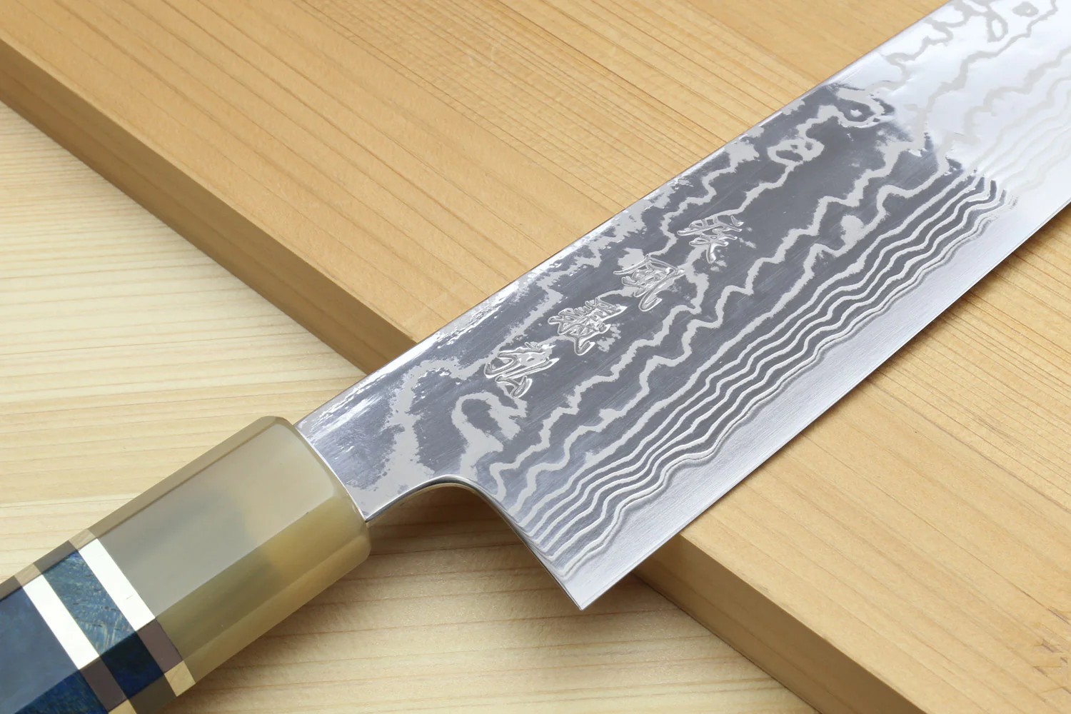 Yoshihiro HAP40 High Speed Stainless Steel Damascus Kiritsuke Multipurpose Chefs Knife with Ocean Blue Handle (Blade Length: 8.25"(210mm) Only) - Image 3