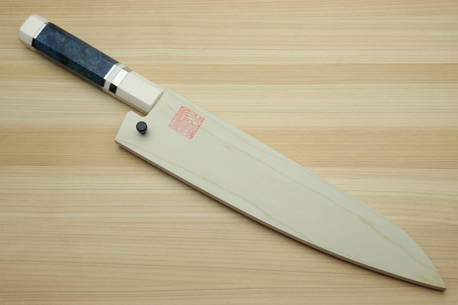 Yoshihiro HAP40 High Speed Stainless Steel Gyuto Chefs Knife Ocean Blue Handle with Alternative Ivory Bolster - Image 9