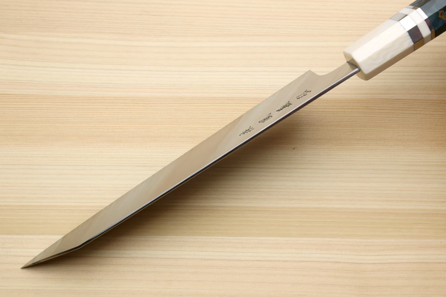 Yoshihiro HAP40 High Speed Stainless Steel Kiritsuke Multipurpose Chefs Knife Ocean Blue Handle with Alternative Ivory Bolster - Image 6