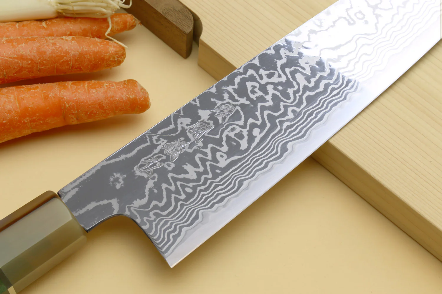 Yoshihiro HAP40 High Speed Stainless Steel Damascus Gyuto Chefs Knife, Triple Ring Stabilized Maple Burl Handle - Image 3