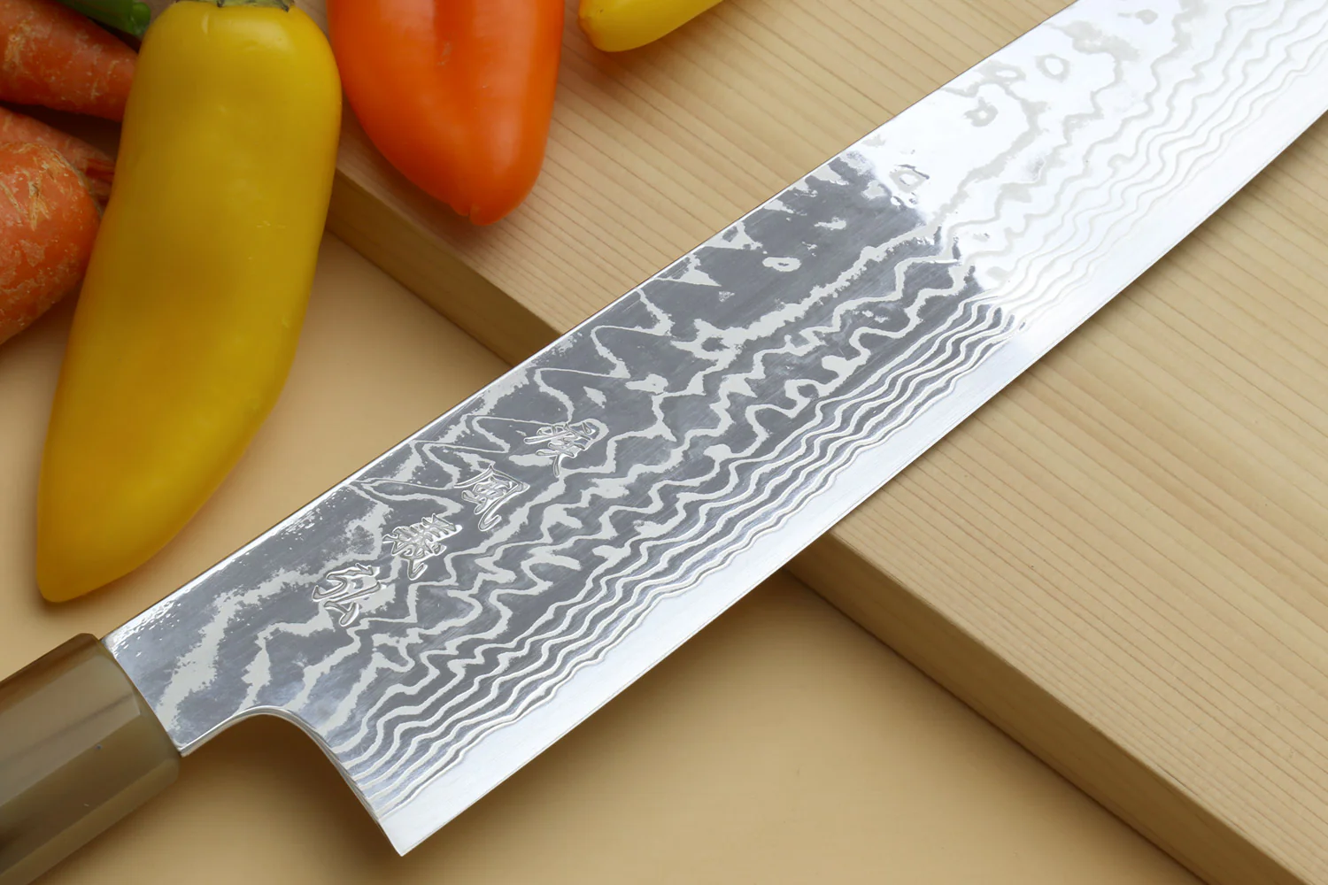 Yoshihiro HAP40 High Speed Stainless Steel Damascus Kiritsuke Multipurpose Chefs Knife, Triple Ring Stabilized Maple Burl Handle - Image 3
