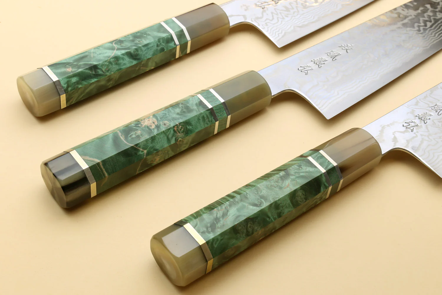 Yoshihiro HAP40 High Speed Stainless Steel Damascus Kiritsuke Multipurpose Chefs Knife, Triple Ring Stabilized Maple Burl Handle - Image 6