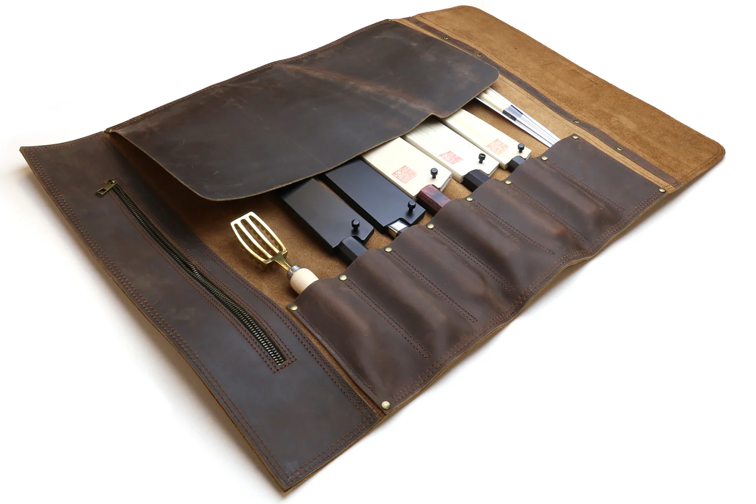 Yoshihiro Hayate Genuine Natural Leather Knife Culinary Roll Storage Bag Case Brown - Image 6
