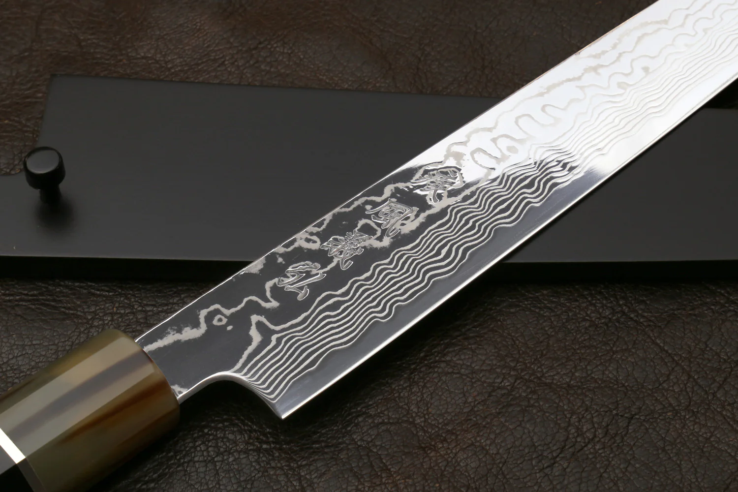 Yoshihiro Hayate ZDP 189 Super High Carbon Stainless Steel Damascus Sujihiki Slicer Knife Triple Ring Ebony Handle - Image 3