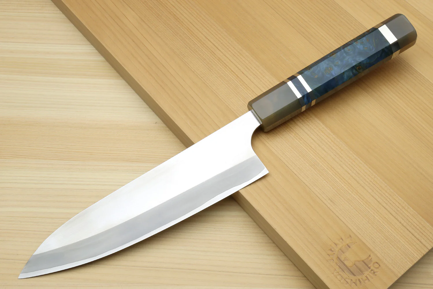 Yoshihiro High Speed Steel HAP40 Gyuto Chefs Knife with Ocean Blue Handle and Magnolia Saya Cover - Image 2