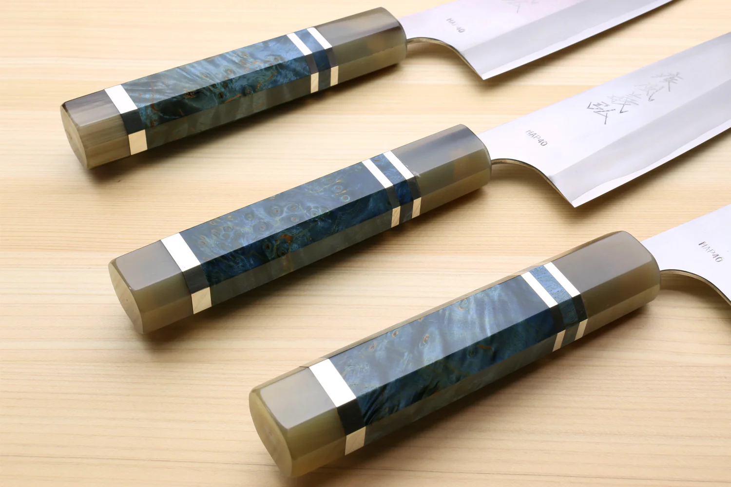 Yoshihiro High Speed Steel HAP40 Gyuto Chefs Knife with Ocean Blue Handle and Magnolia Saya Cover - Image 6