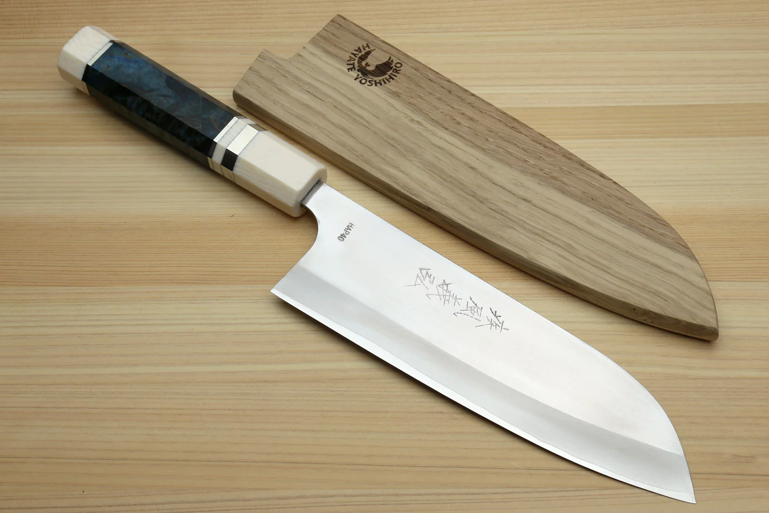 Yoshihiro High Speed Steel HAP40 Santoku Multipurpose Chefs Knife Ocean Blue Handle with Alternative Ivory Bolster and Magnolia Saya Cover
