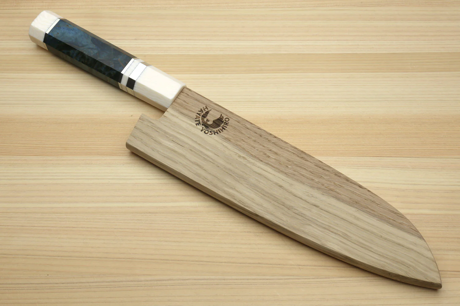 Yoshihiro High Speed Steel HAP40 Santoku Multipurpose Chefs Knife Ocean Blue Handle with Alternative Ivory Bolster and Magnolia Saya Cover - Image 7