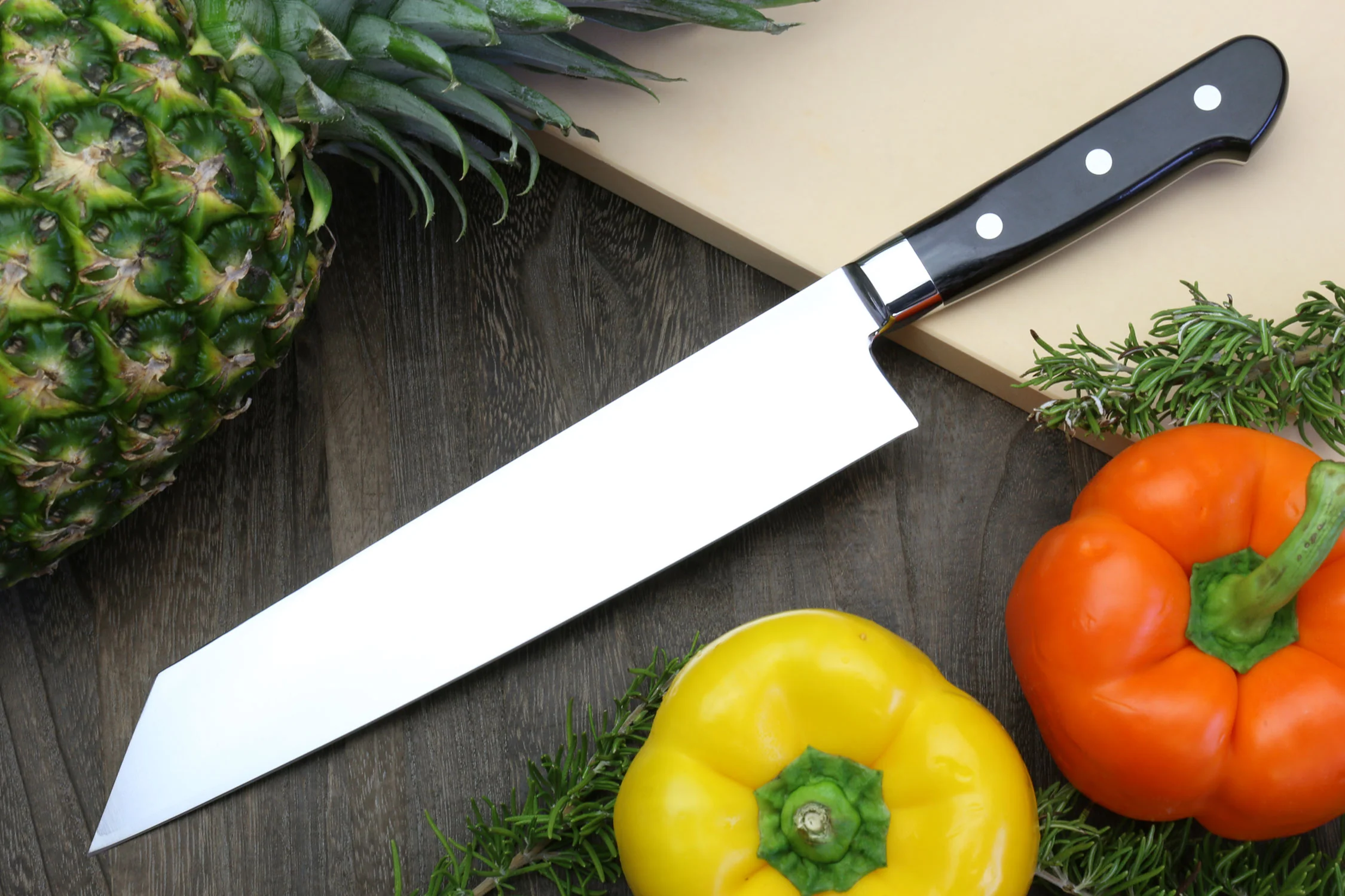 Yoshihiro High Speed Steel Kiritsuke Multipurpose Chefs Knife 210mm 8.25" (Black Pakkawood Handle) - Image 3