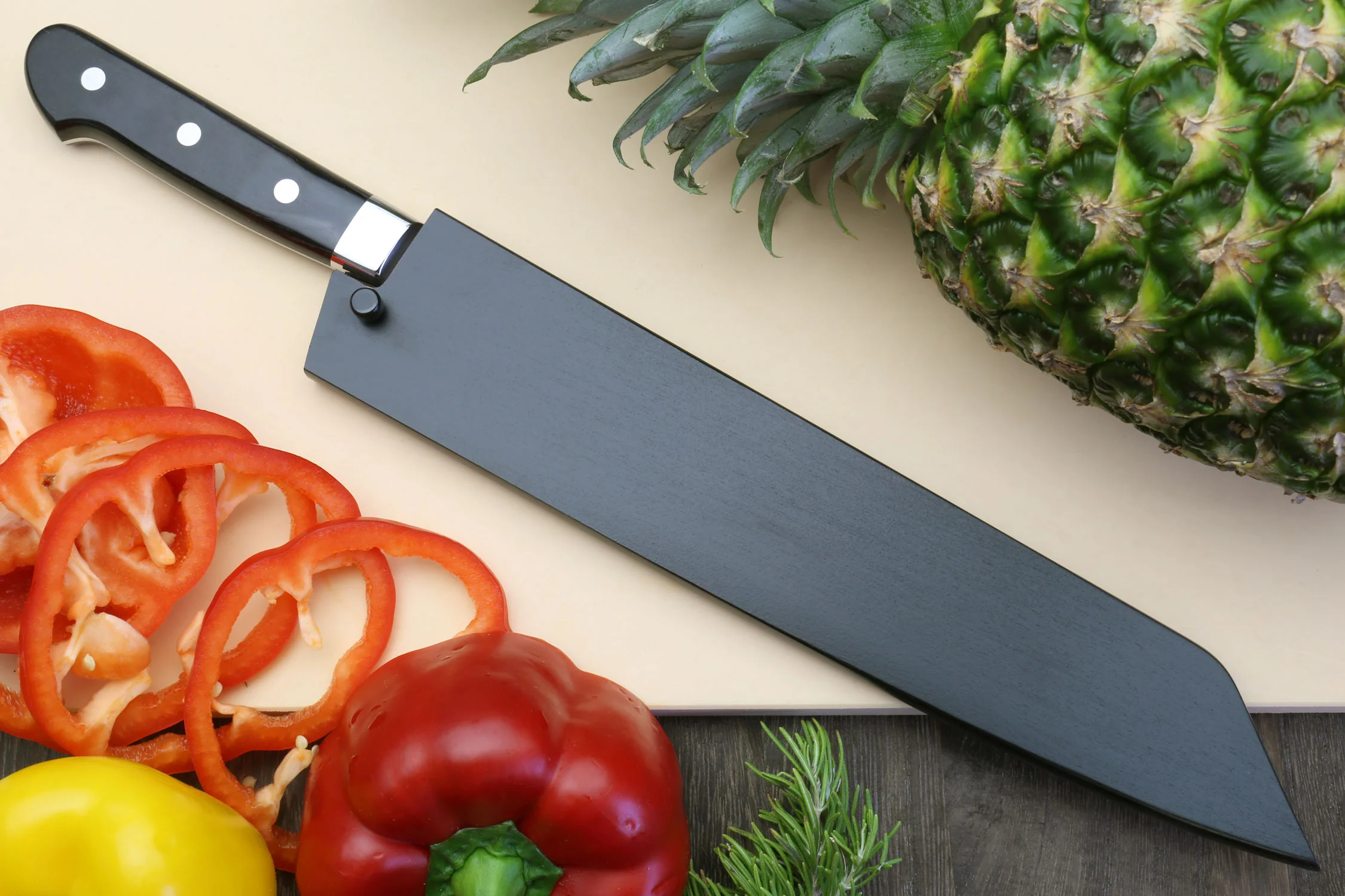 Yoshihiro High Speed Steel Kiritsuke Multipurpose Chefs Knife 210mm 8.25" (Black Pakkawood Handle) - Image 9