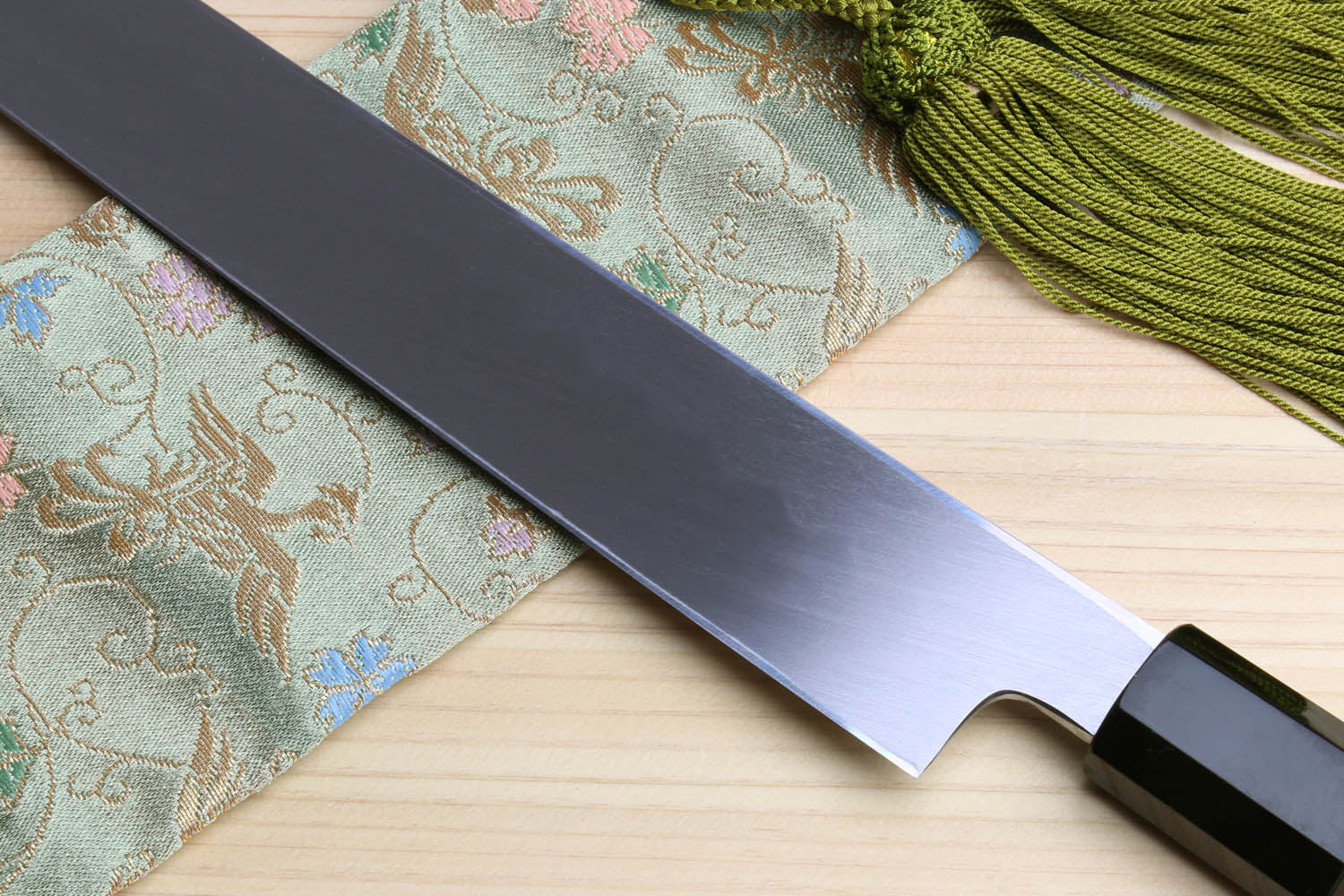 Yoshihiro Honyaki White Steel Mirror Finished Namiukashi Sakimaru Takobiki Sushi Sashimi Japanese Knife with Triple Nickel Silver Ring Ebony Handle - Image 5