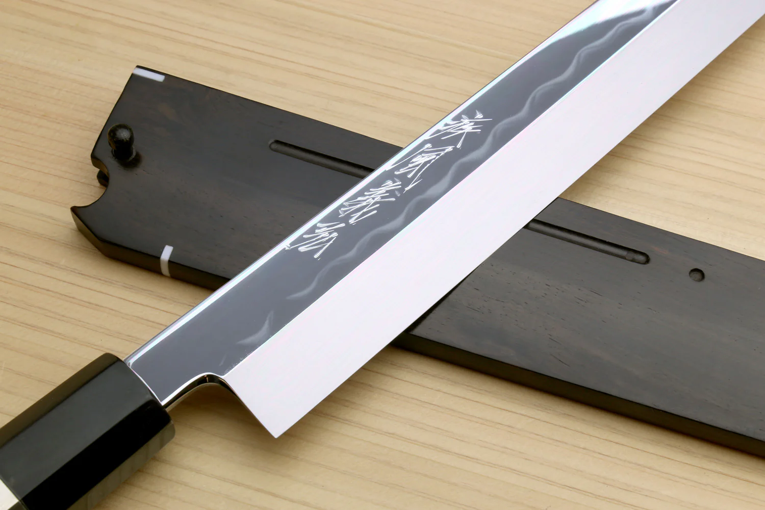Yoshihiro Honyaki White Steel Mirror Finished Namiukashi Sakimaru Takobiki Sushi Sashimi Japanese Knife with Triple Nickel Silver Ring Ebony Handle and Premium Ebony Saya - Image 3