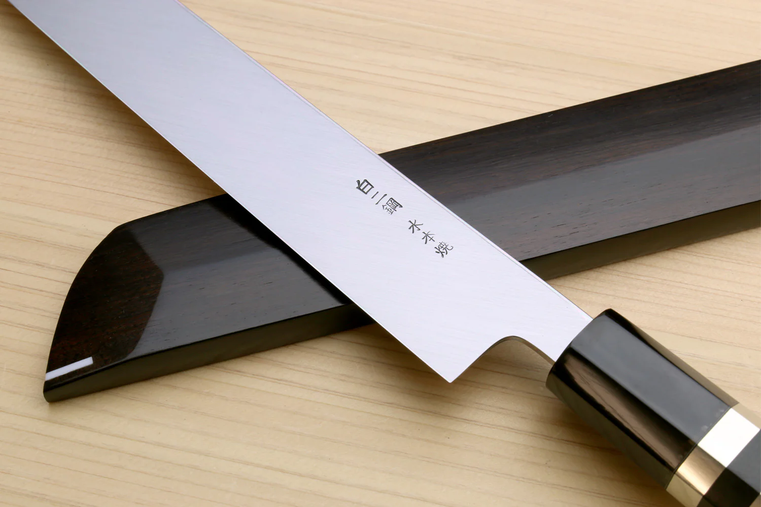 Yoshihiro Honyaki White Steel Mirror Finished Namiukashi Sakimaru Takobiki Sushi Sashimi Japanese Knife with Triple Nickel Silver Ring Ebony Handle and Premium Ebony Saya - Image 5
