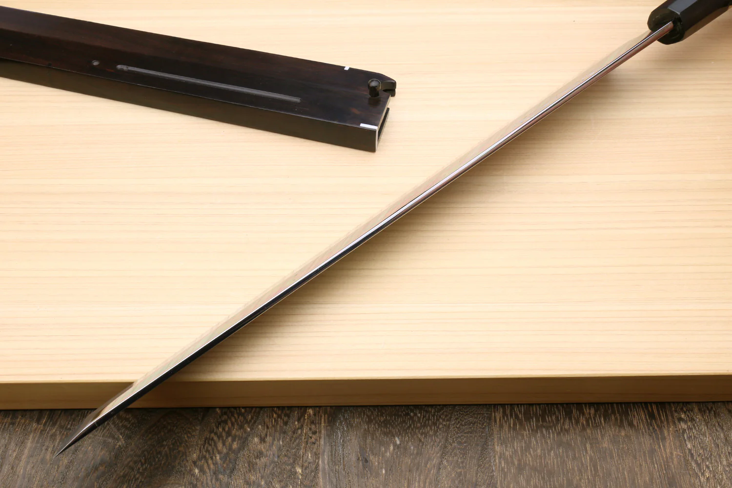 Yoshihiro Honyaki White Steel Mirror Finished Namiukashi Sakimaru Takobiki Sushi Sashimi Japanese Knife with Triple Nickel Silver Ring Ebony Handle and Premium Ebony Saya - Image 6