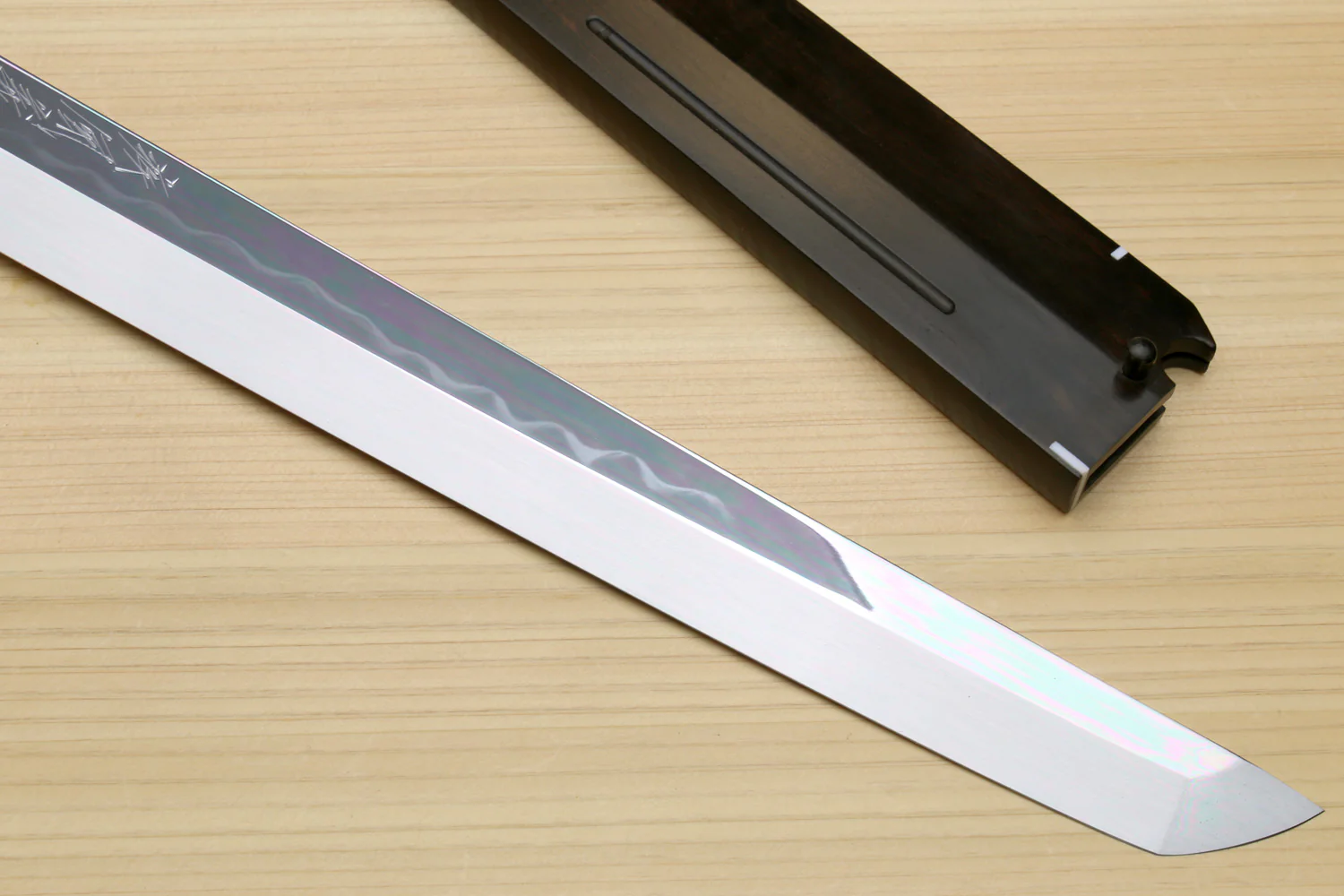Yoshihiro Honyaki White Steel Mirror Finished Namiukashi Sakimaru Takobiki Sushi Sashimi Japanese Knife with Triple Nickel Silver Ring Ebony Handle and Premium Ebony Saya - Image 7