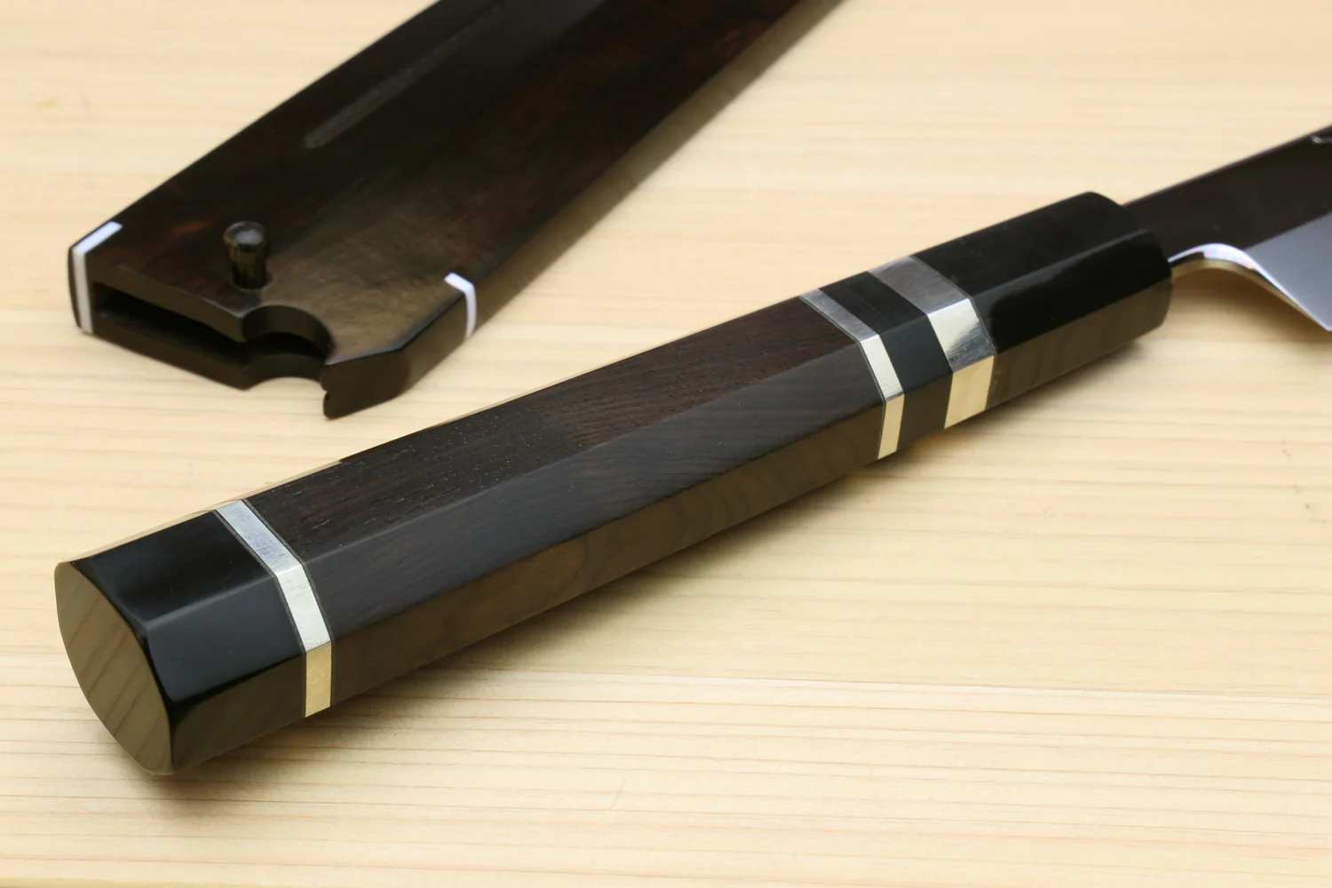 Yoshihiro Honyaki White Steel Mirror Finished Namiukashi Sakimaru Takobiki Sushi Sashimi Japanese Knife with Triple Nickel Silver Ring Ebony Handle and Premium Ebony Saya - Image 8