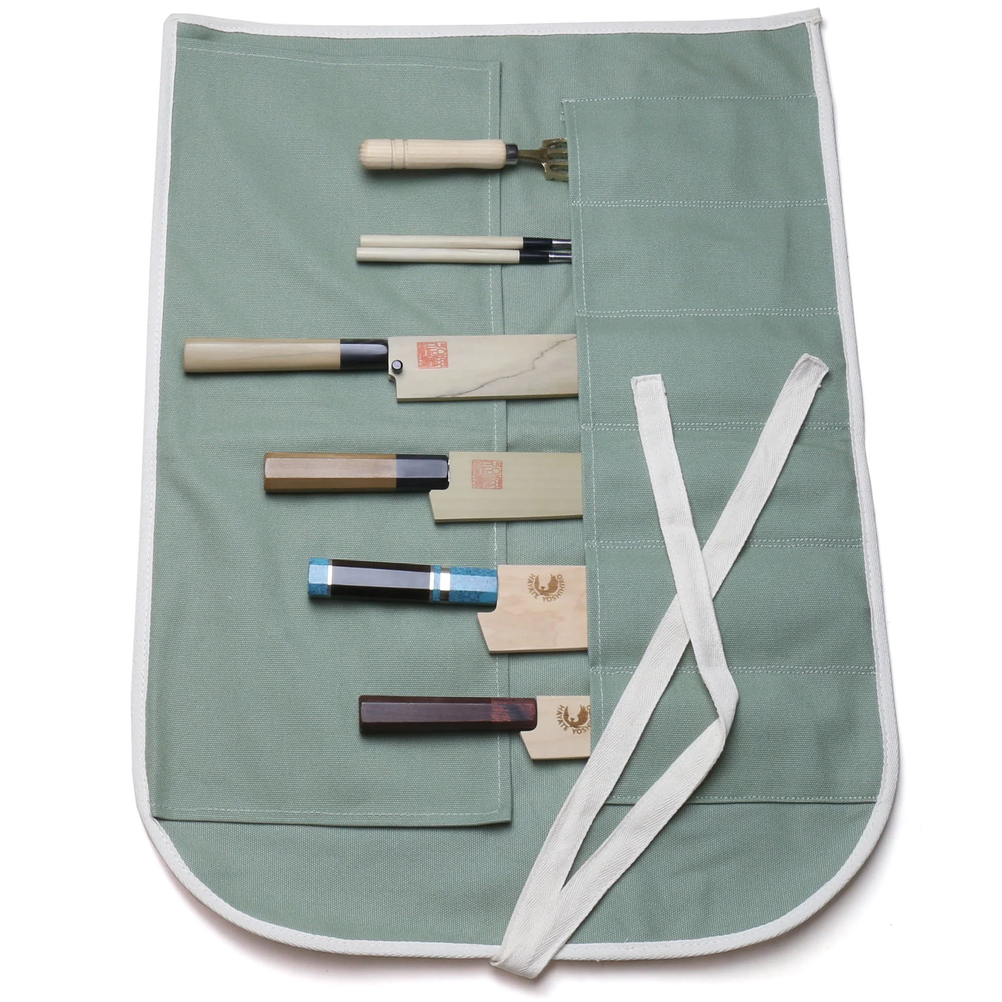Yoshihiro Japanese Knife Cotton Pouch Bag Olive-Green Color (6 Slots) - Image 5