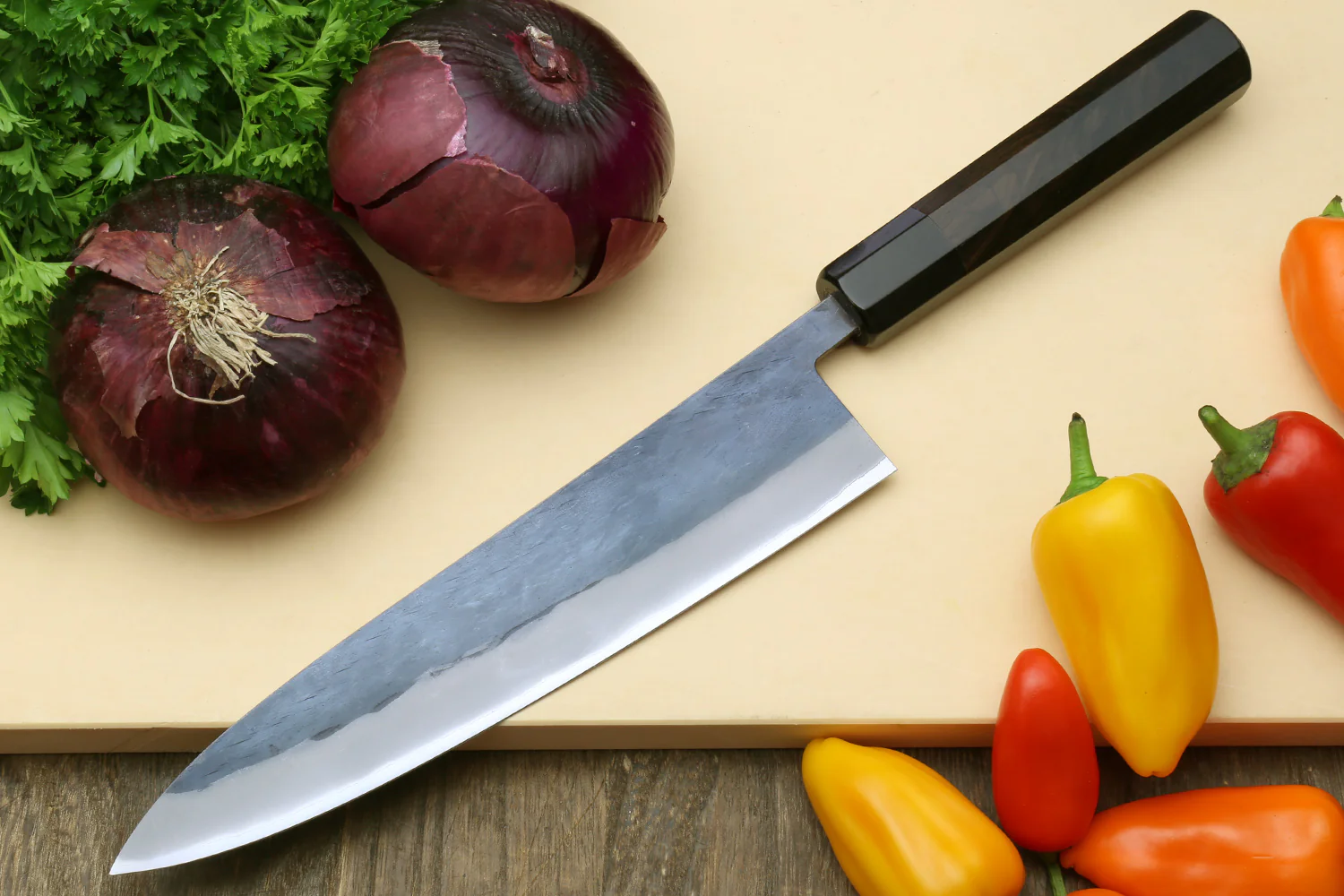 Yoshihiro Kurouchi Black-Forged Blue Steel Stainless Clad Gyuto Chefs Knife and Petty Utility Knife 2PC SET (Ebony Handle) - Image 4