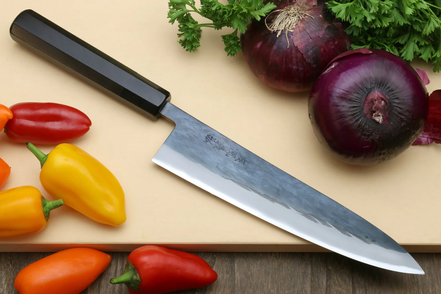 Yoshihiro Kurouchi Black-Forged Blue Steel Stainless Clad Gyuto Chefs Knife (Ebony Handle) - Image 3
