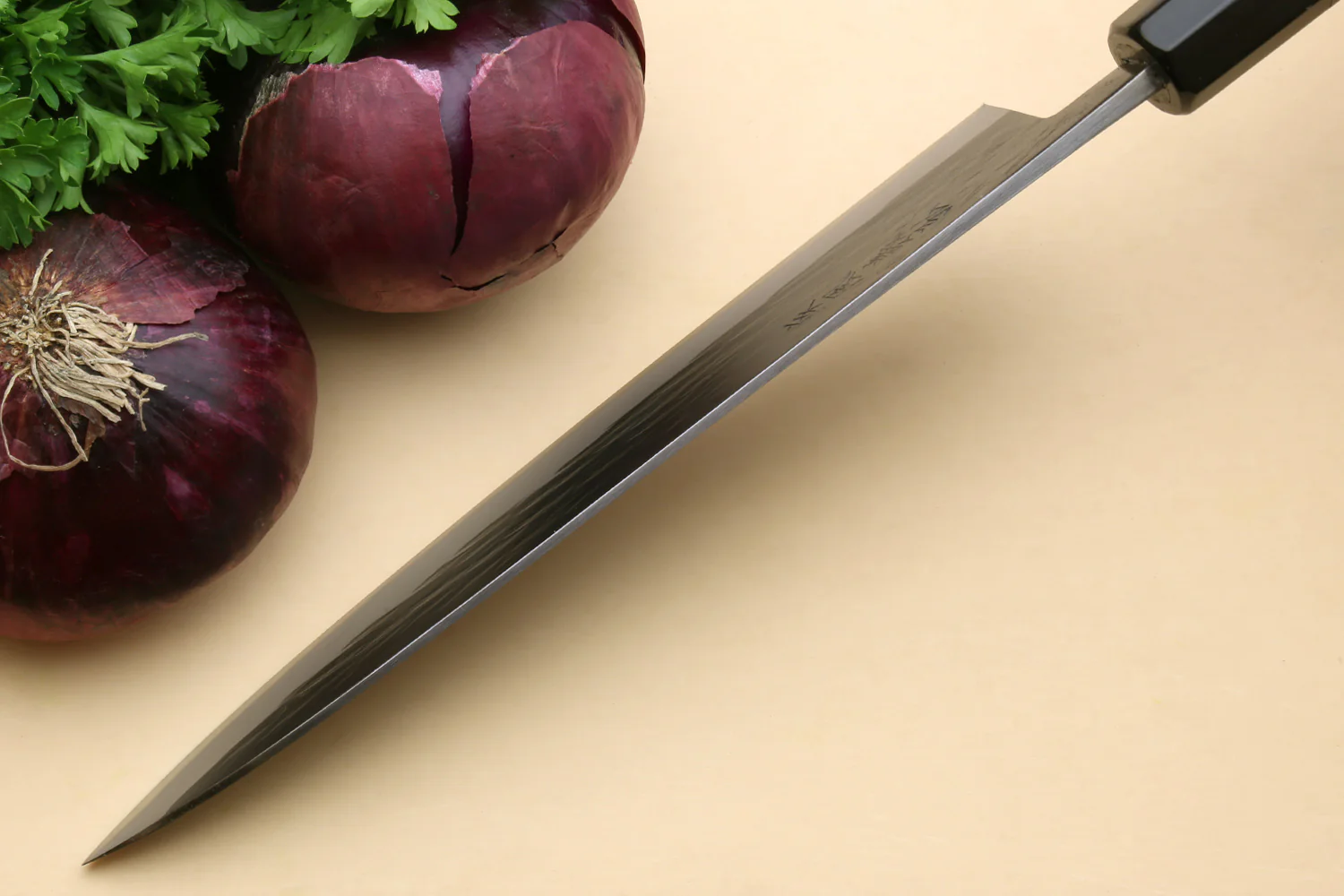Yoshihiro Kurouchi Black-Forged Blue Steel Stainless Clad Gyuto Chefs Knife (Ebony Handle) - Image 7
