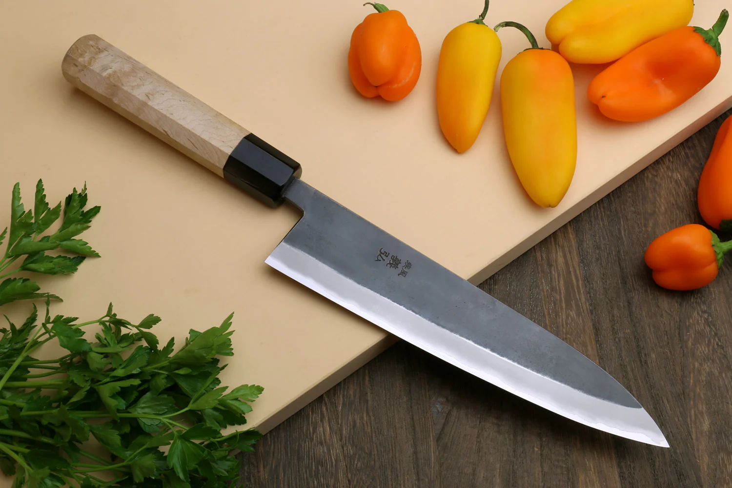 Yoshihiro Kurouchi Black-Forged Blue Steel Stainless Clad Gyuto Chefs Knife Kaede wood Handle - Image 2