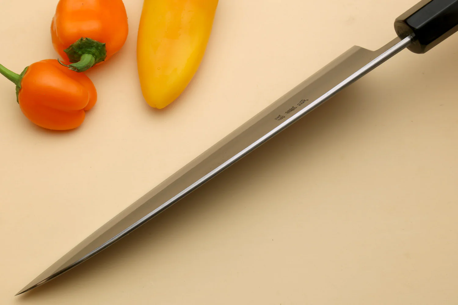 Yoshihiro Kurouchi Black-Forged Blue Steel Stainless Clad Gyuto Chefs Knife Kaede wood Handle - Image 7