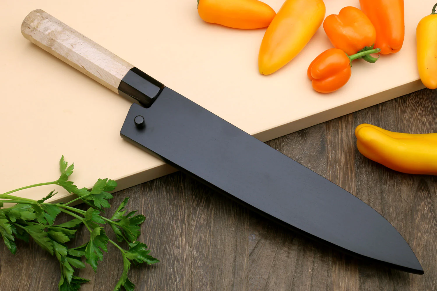 Yoshihiro Kurouchi Black-Forged Blue Steel Stainless Clad Gyuto Chefs Knife Kaede wood Handle - Image 9