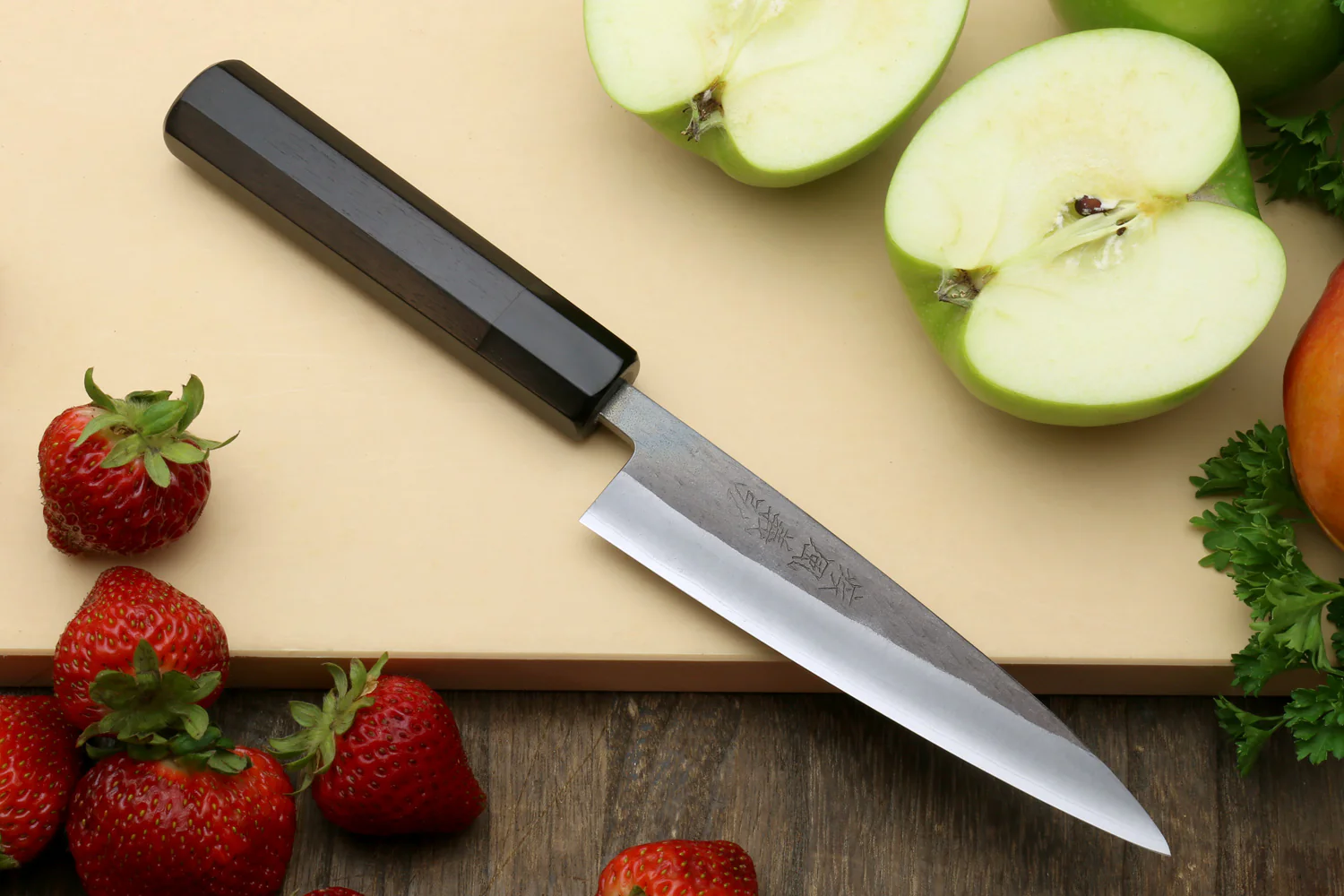 Yoshihiro Kurouchi Black-Forged Blue Steel Stainless Clad Santoku Multipurpose Knife 6.5"(165mm) and Petty Utility Knife 5.3"(135mm) 2PC SET (Ebony Handle) - Image 6