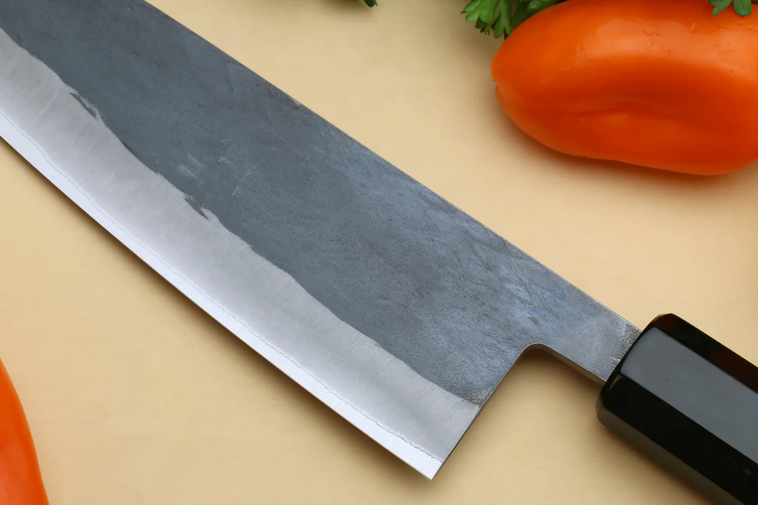 Yoshihiro Kurouchi Black-Forged Blue Steel Stainless Clad Santoku Multipurpose Knife (Ebony Handle) - Image 5