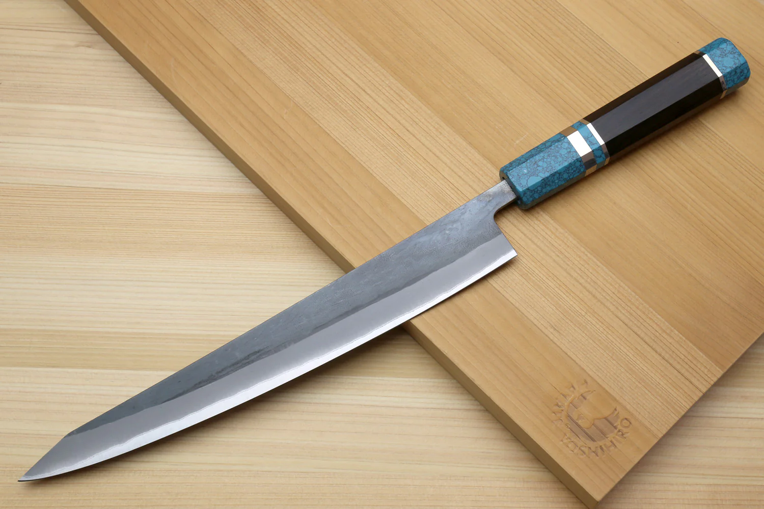 Yoshihiro Kurouchi Black-Forged Blue Steel Stainless Clad Sujihiki Kiritsuke Slicer Knife (Turquoise Blue Handle) — 9.5" (240mm) - Image 4