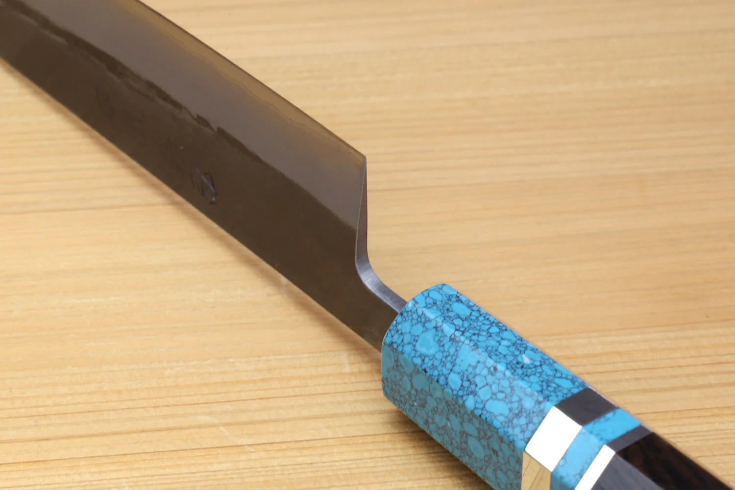 Yoshihiro Kurouchi Black-Forged Blue Steel Stainless Clad Sujihiki Kiritsuke Slicer Knife (Turquoise Blue Handle) — 9.5" (240mm) - Image 6