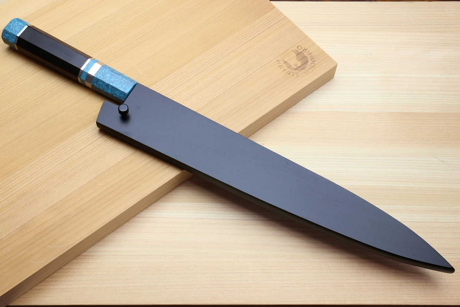 Yoshihiro Kurouchi Black-Forged Blue Steel Stainless Clad Sujihiki Kiritsuke Slicer Knife (Turquoise Blue Handle) — 9.5" (240mm) - Image 8