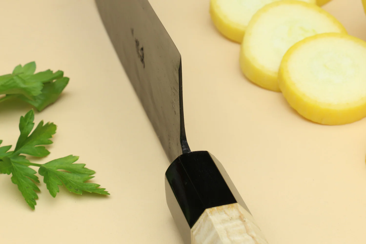 Yoshihiro Kurouchi High Carbon White Steel #2 Santoku Japanese Multipurpose Chef Knife with Camphor Handle - Image 5