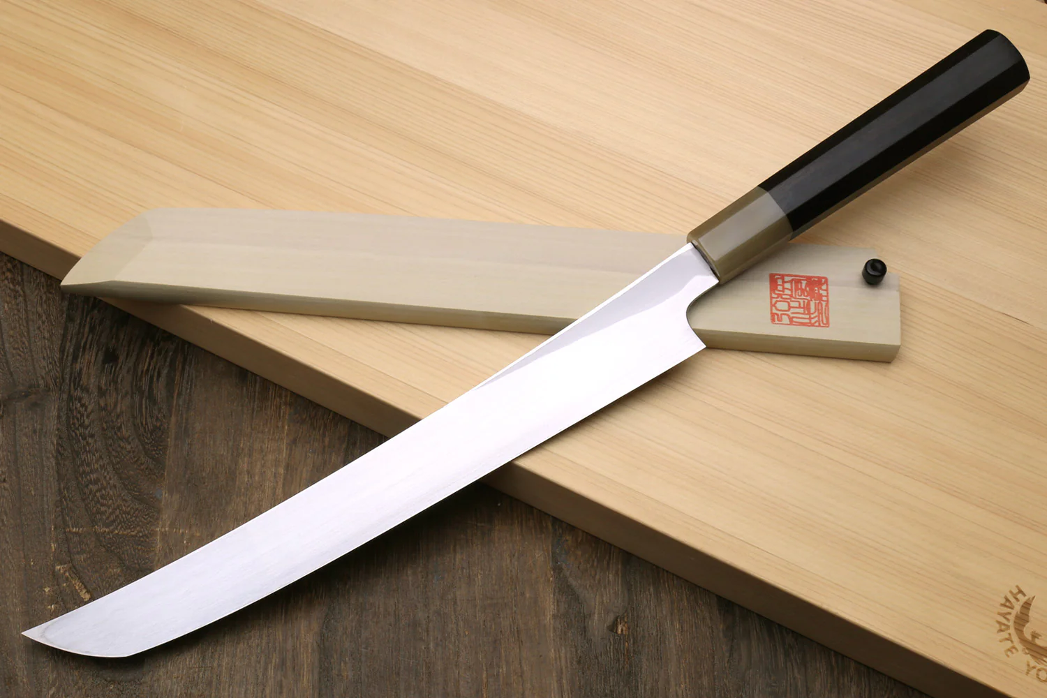 Yoshihiro Masashi Hongasumi White Steel Curved Sakimaru Takobiki Sushi Sashimi Japanese Knife Ebony Handle - Image 3