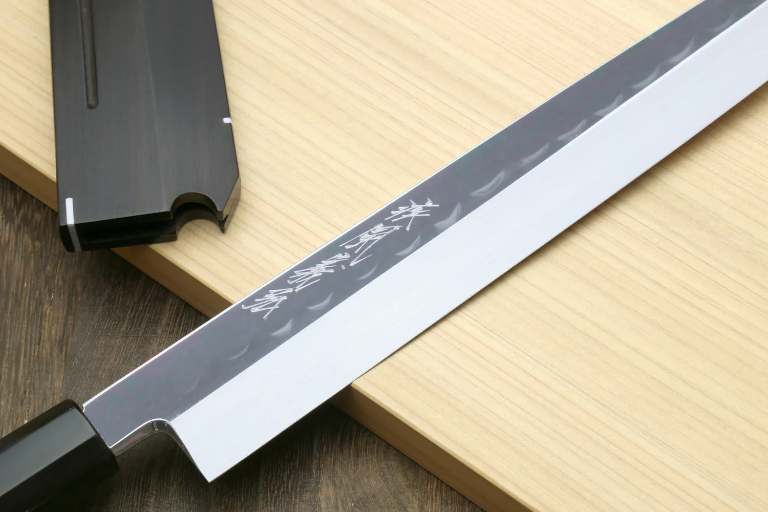 Yoshihiro Mizu Honyaki Mirror-Finished Namiukashi White Steel #2 Yanagi Sushi Sashimi Japanese Knife Triple Nickel Silver Ring Ebony Handle and Premium Ebony Saya - Image 3