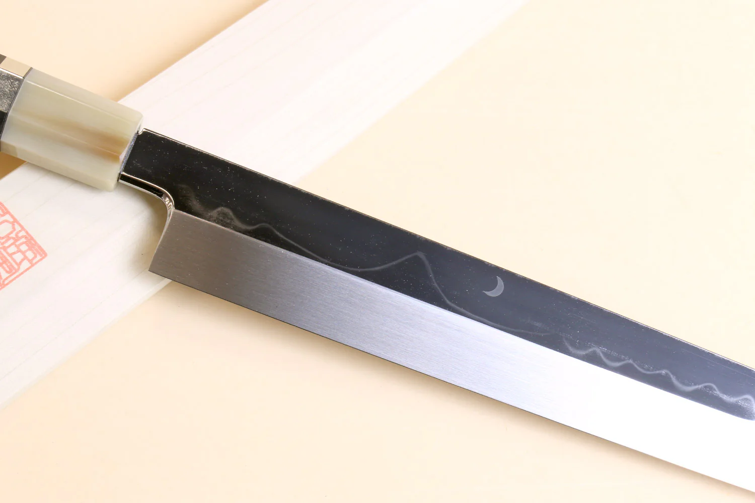 Yoshihiro Mizu Honyaki White Steel #1 Mirror-Finished MT. Fuji with Crescent Moon Yanagi Ebony Handle with Triple Nickel Silver Ring - Image 3
