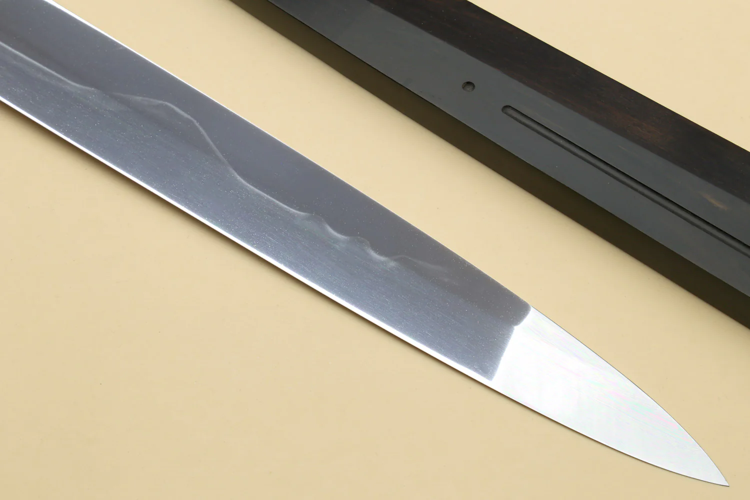 Yoshihiro Mizu Honyaki White Steel #1 Two Sided Mirror-Finished Mt. Fuji Namiukashi Yanagi Premium Triple Nickel Silver Ring Ebony Handle - IKEDA Limited Edition - Image 4