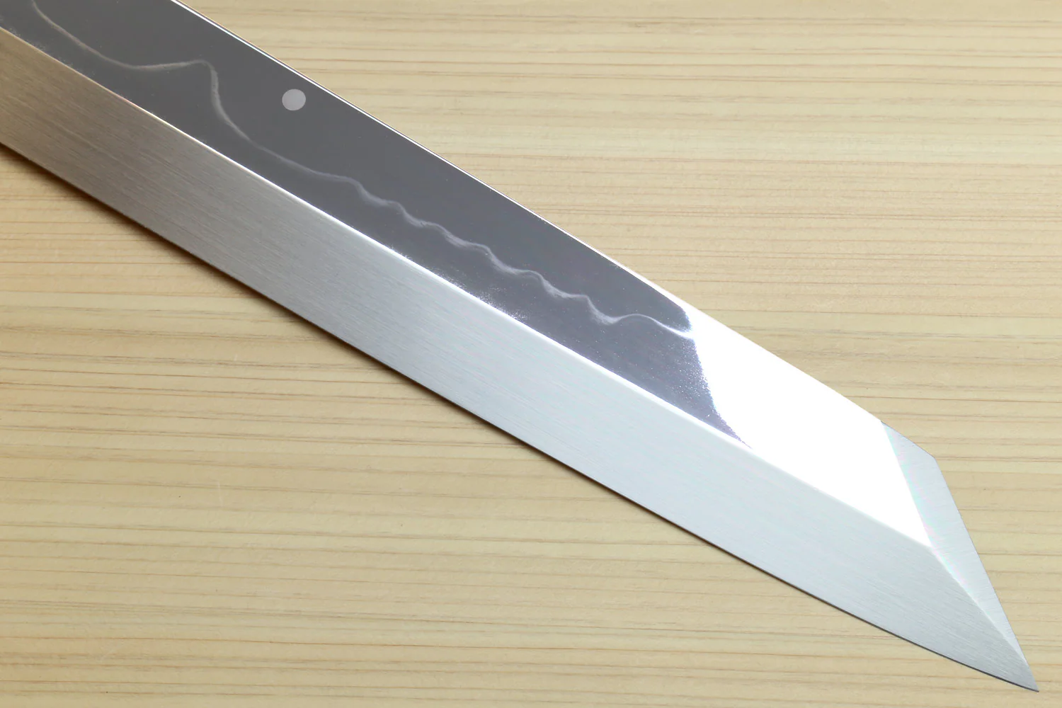Yoshihiro Mizu Honyaki White Steel #2 Mirror Polished Mt. Fuji with Full Moon Kiritsuke with Oct. Ebony Triple Nickel Silver Ring Handle Ebony Saya - Image 4