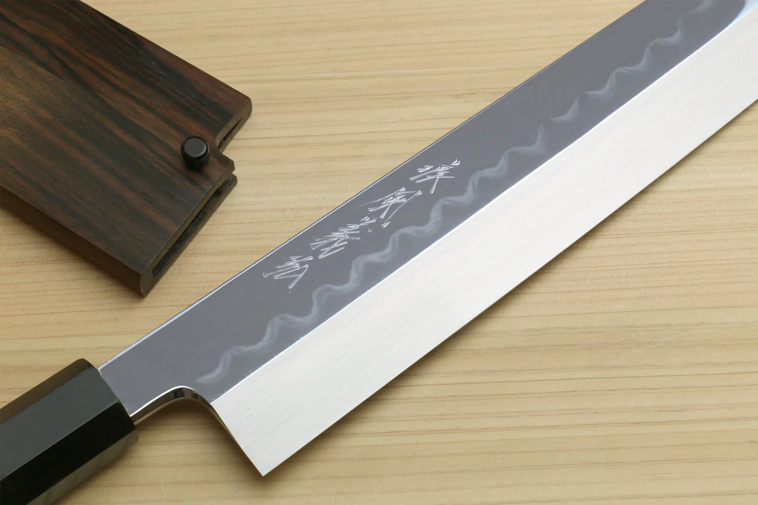 Yoshihiro Mizu Honyaki White Steel #2 Mirror-Polished Namiukashi Kiritsuke Knife Ebony wood Handle & Ebony Saya - Image 2