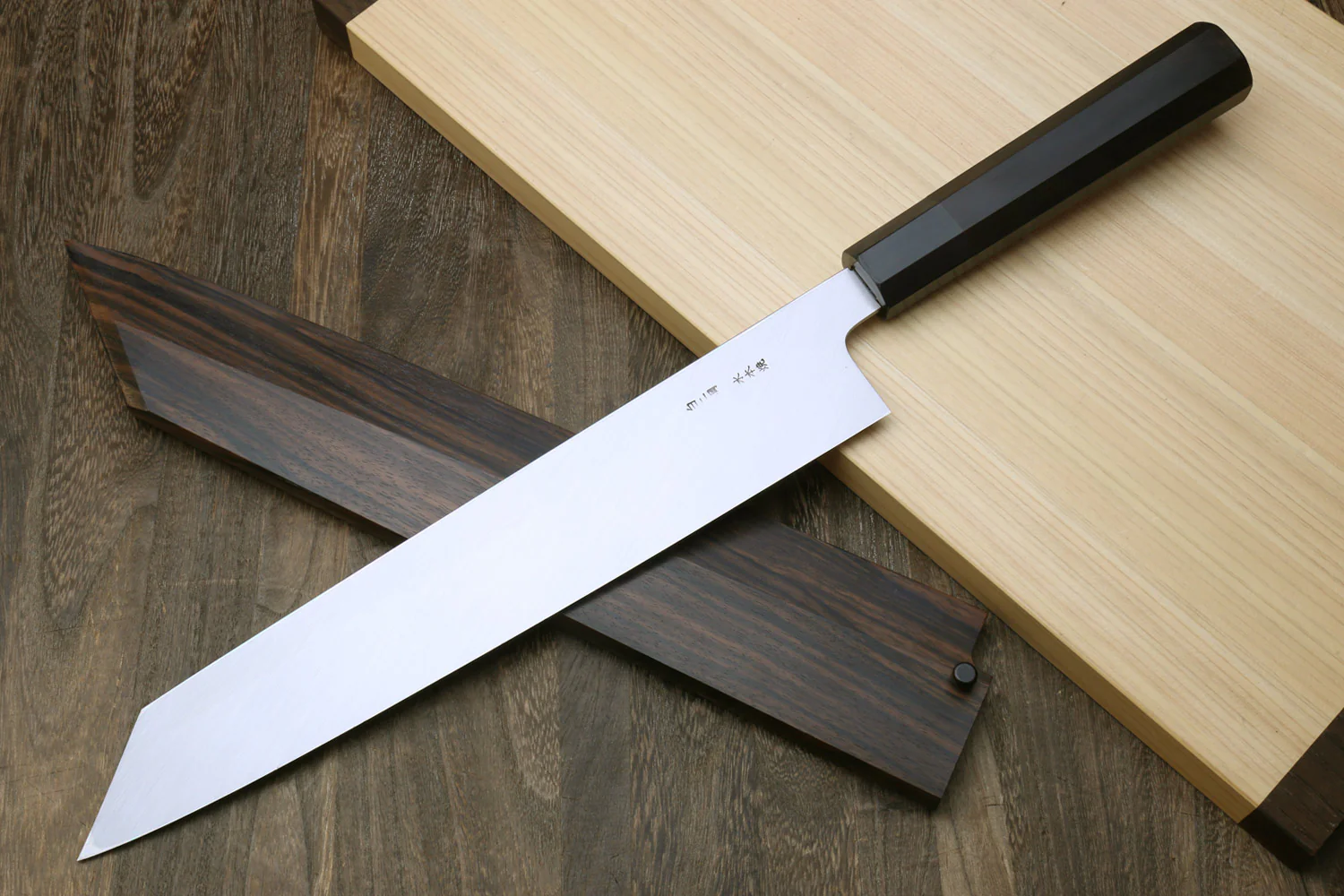 Yoshihiro Mizu Honyaki White Steel #2 Mirror-Polished Namiukashi Kiritsuke Knife Ebony wood Handle & Ebony Saya - Image 3