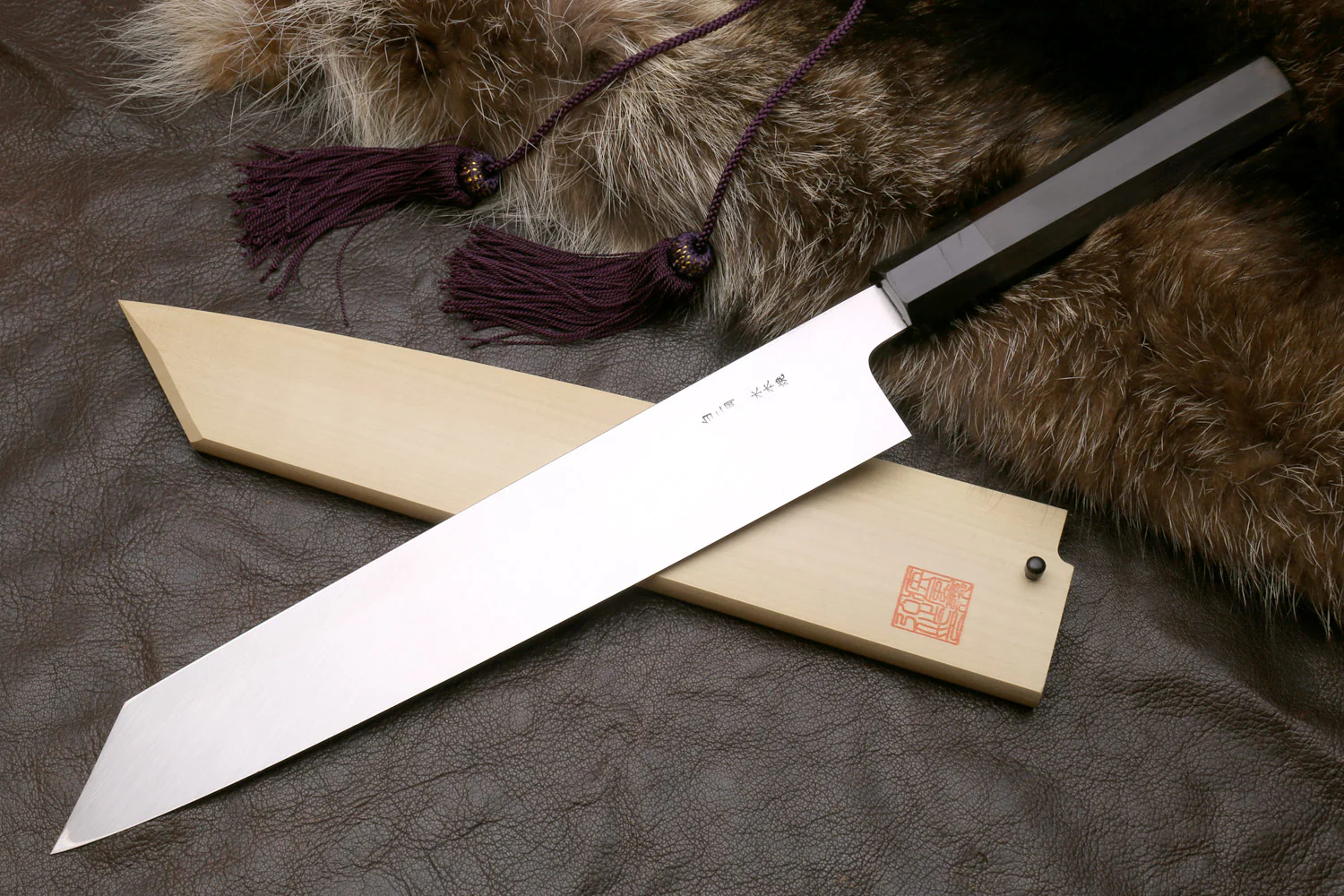 Yoshihiro Mizu Honyaki White Steel #2 Mirror-Polished Namiukashi Kiritsuke Knife Ebony wood Handle & Saya - Image 3