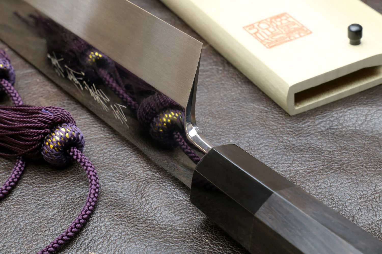 Yoshihiro Mizu Honyaki White Steel #2 Mirror-Polished Namiukashi Kiritsuke Knife Ebony wood Handle & Saya - Image 4