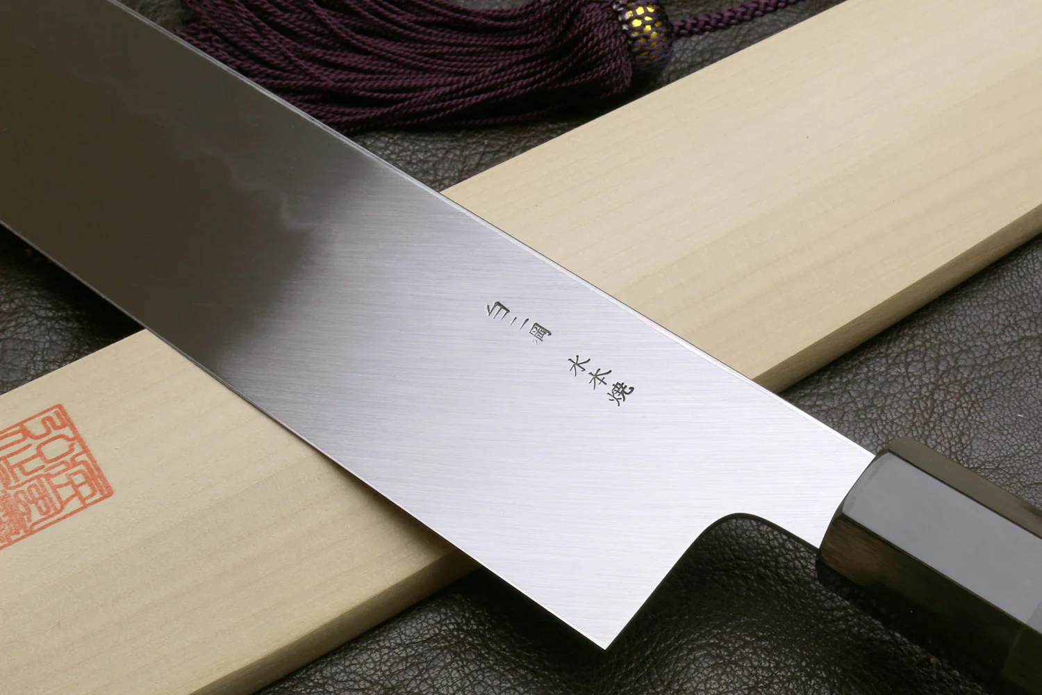Yoshihiro Mizu Honyaki White Steel #2 Mirror-Polished Namiukashi Kiritsuke Knife Ebony wood Handle & Saya - Image 6